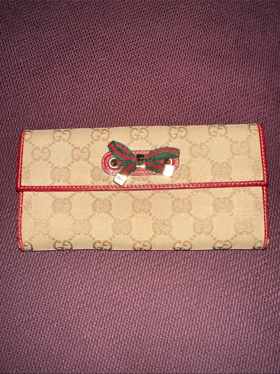 Gucci Handbags - Gucci Tan Canvas & Red Leather Long Sherry Line Bow Flap Wallet